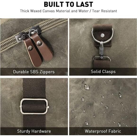 Waxed Canvas Duffle Bag - 50L Waterproof Weekender Overnight Travel - Picture 12 of 14